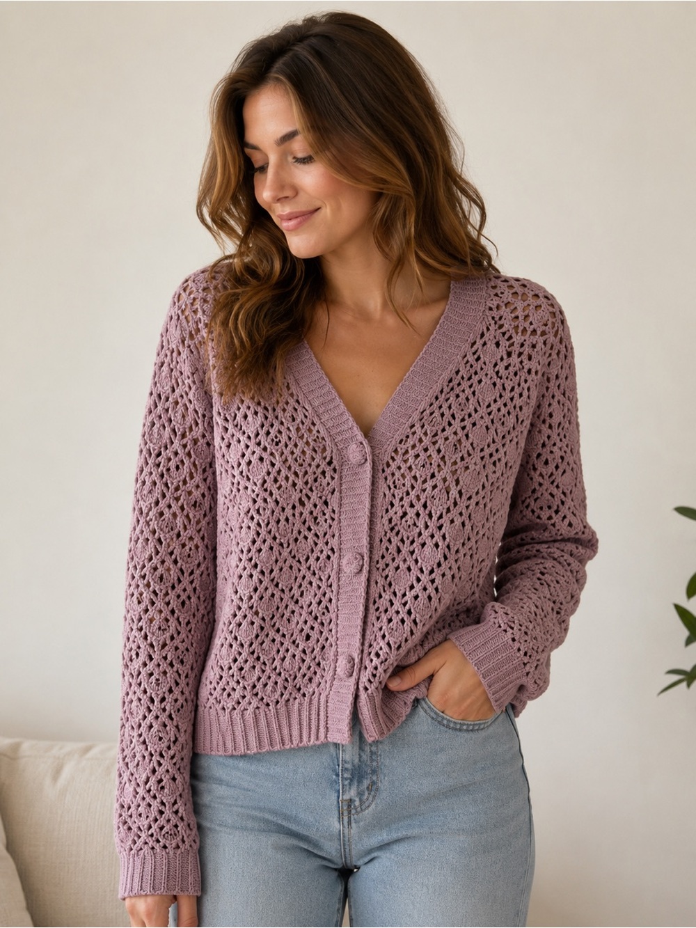 53. | POL | Openwork Button-Front Cardigan Sweater | L